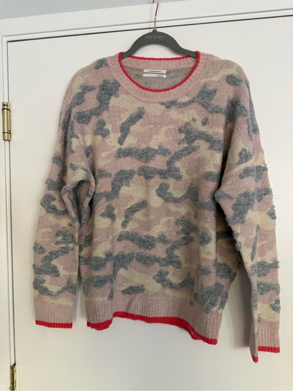 Anthropologie Pink, Gray & Cream Camo Crewneck Sweater with Red Trim